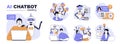 AI chatbot assisting concept set in flat web design. People in isolated scenes talking with artificial intelligence