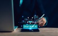 AI Chatbot. Businessman using computer with artificial intelligence with command prompt for generate Royalty Free Stock Photo