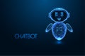 AI chatbot concept with glowing digital humanoid robot figure on dark blue background.
