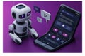 AI chatbot interacting with a smartphone on a vibrant purple background
