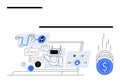 AI chatbot interacting with users through a laptop, managing messages, emails, and customer support icons