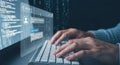 AI Chatbot Interface: Programmer's Hands Typing Code, Binary Data Stream Royalty Free Stock Photo
