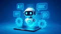 AI Chatbot Robot on Laptop with Digital Icons and Speech Bubbles artificial intelligence Royalty Free Stock Photo