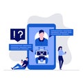 AI Chatbot Support and FAQ vector illustration concept with characters. Customers chatting with bot on smartphone, asking