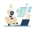 AI chatbot support, machine learning, chat interaction of customer and robot at laptop