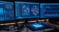 Engineer analyzes ai chip with multiple monitors displaying complex data and algorithms Royalty Free Stock Photo