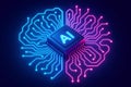 AI chip at the center of a glowing brain-shaped circuit board with blue and pink neon lines artificial intelligence Royalty Free Stock Photo