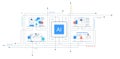 AI chip connection. Digital technology, robots, automation processes, machine line icons, and people characters