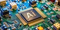 AI Chip The Future of Intelligence - Close-up of a Circuit Board with Gold Pins and AI Processor