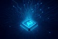 AI chip with glowing circuits and connections on a dark blue digital background artificial intelligence Royalty Free Stock Photo
