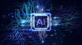 AI chip with glowing circuits and data streams Keywords: AI, artificial intelligence, chip Royalty Free Stock Photo