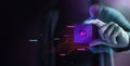 AI chip in hand in a dark tech futuristic themed. Artificial intelligence, advanced technology Royalty Free Stock Photo