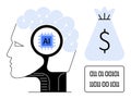 Artificial Intelligence Concept with Human Brain, AI Chip, Binary Code, and Money Bag Icon Royalty Free Stock Photo
