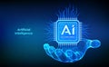 AI chip with the inscription AI Accelerated in wireframe hand. CPU microchip. Concept of artificial intelligence technology. AI