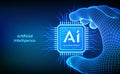 AI chip with the inscription AI Accelerated in wireframe hand. CPU microchip. Concept of artificial intelligence technology. AI