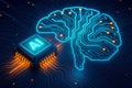 AI Chip and Luminous Blue Brain Circuit Board with Orange Energy Flow artificial intelligence microchip Royalty Free Stock Photo