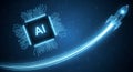 AI Chip and Rocket Launching on a Starry Blue Background Royalty Free Stock Photo