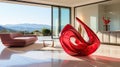 A Closeup of a Contemporary Ruby Red Glass Sculpture Showcased in Front of a Stunning, Modern Living Room