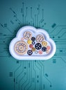 AI cloud computing and system workflow concept with cloud shape filled with gears on technology circuit background. Represents Royalty Free Stock Photo