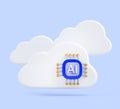 AI clouds with chip in blue sky background 3d render. Artificial intelligence service, virtual gpu platform for cloud