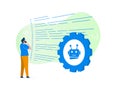 AI code generator with ai-powered coding chatbot concept. Man person looks at piece of code or text generated by