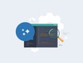 AI code review with magnifying glass analyzing programming script. Software debugging process and ai generative models Royalty Free Stock Photo