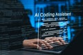 AI coding assistant helping developer write code on laptop with virtual interface, symbolizing artificial intelligence in Royalty Free Stock Photo