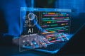 AI coding assistant and programming support. Programmer use laptop with AI coding assistant and colorful program code, Royalty Free Stock Photo