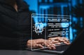 AI Coding Assistant and Software Development Concept. Programmer typing on laptop with interface show AI chip icon and code editor Royalty Free Stock Photo