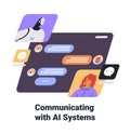 AI communication concept chat interface humans robots colorful dialogue bubbles diverse characters digital interaction