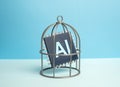 An AI computer chip locked in a birdcage. Control over artificial intelligence technologies Royalty Free Stock Photo