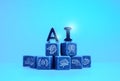 AI concept with 3d letters on cubes with digital icons on blue background. Artificial intelligence functions, data processing, Royalty Free Stock Photo