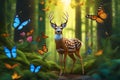 AI conjures an enchanting scene of a small deer standing amidst a lush, verdant forest