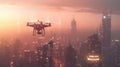 AI Content Generation. Smart city optimization with AI drone collecting traffic data at dusk