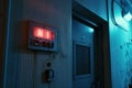 An AI-controlled electrical panel in the hallway of a house. Glowing text AI