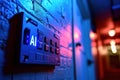 An AI-controlled electrical panel in the hallway of a house. Glowing text AI