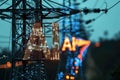 An AI controlled electrical switchboard placed on a street pole to transmit electricity. Glowing text AI