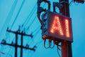An AI controlled electrical switchboard placed on a street pole to transmit electricity. Glowing text AI