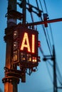 An AI controlled electrical switchboard placed on a street pole to transmit electricity. Glowing text AI