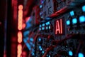 An AI controlled electrical switchboard placed on a street pole to transmit electricity. Glowing text AI