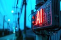 An AI controlled electrical switchboard placed on a street pole to transmit electricity. Glowing text AI