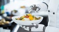 AI-controlled robot chef preparing gourmet dishes in a high-tech kitchen, reflecting the future of culinary arts, AI-powered Royalty Free Stock Photo