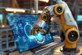 AI controlled robotic arm manages products in advanced manufacturing setting