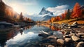 A mesmerizing view of a mountain lake surrounded by autumn foliage