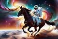 Celestial Leap: Horse Galloping Through a Nebula Mid-Jump Over a Floating Astronaut in a Sleek Space Suit