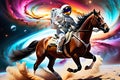 Celestial Leap: Horse Galloping Through a Nebula Mid-Jump Over a Floating Astronaut in a Sleek Space Suit