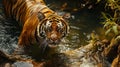 Tiger's Intense Gaze in Water. AI Generated Royalty Free Stock Photo