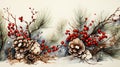 Christmas background - snowy fir branch adorned with pine cones Royalty Free Stock Photo