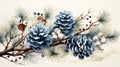 Christmas background - snowy fir branch adorned with pine cones Royalty Free Stock Photo