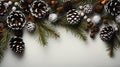 Christmas background - snowy fir branch adorned with pine cones Royalty Free Stock Photo